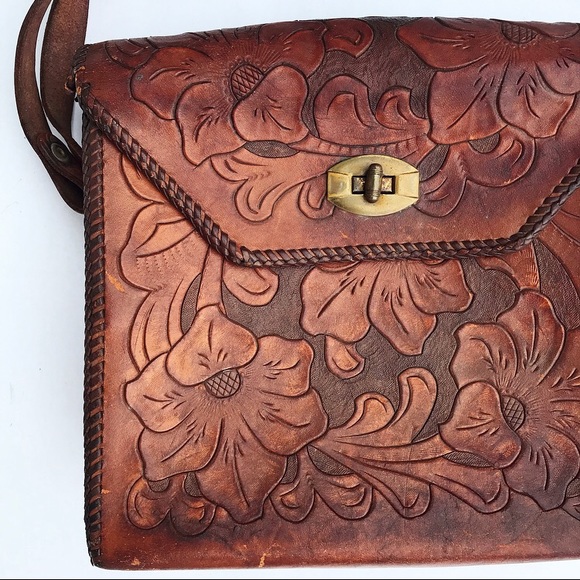 Vintage Tooled Leather Floral Filigree Hand Bag - Picture 2 of 7